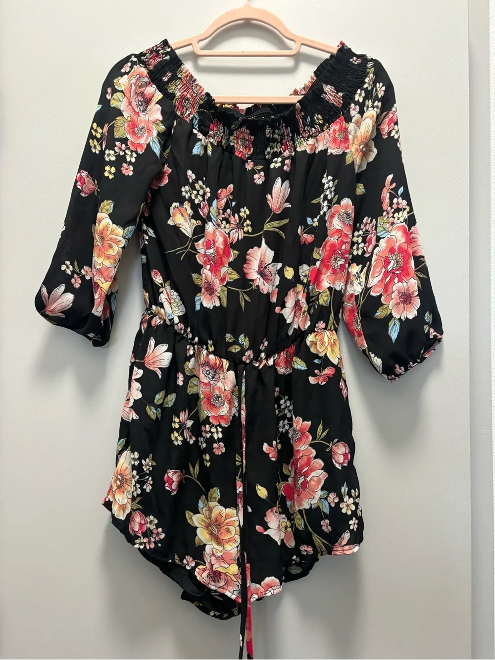 Active USA Black Off-Shoulder Floral romper with red, Pink & Yellow Blooms
